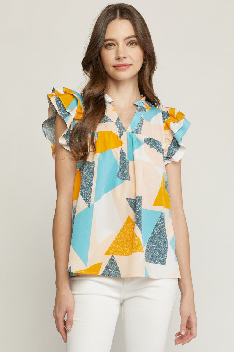 Mosaic Print Ruffle Short Sleeve Blouse