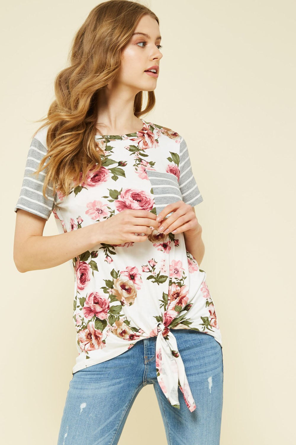 Floral Stripe Tie Knit Top