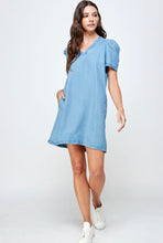 Load image into Gallery viewer, Pleated Sleeve Chambray Dress
