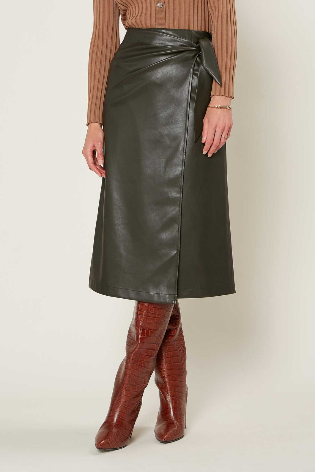 Midi Faux Leather Tied Wrap Skirt