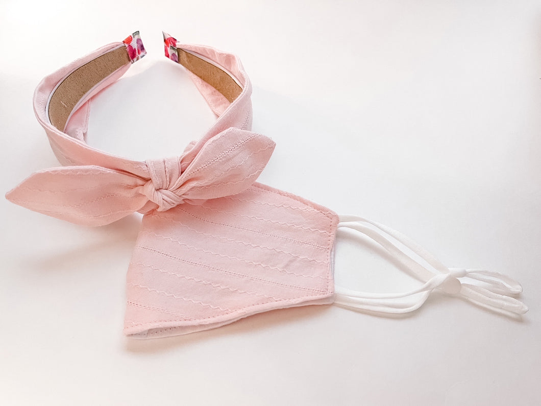 Pink Scallop Bow Headband/Mask Set