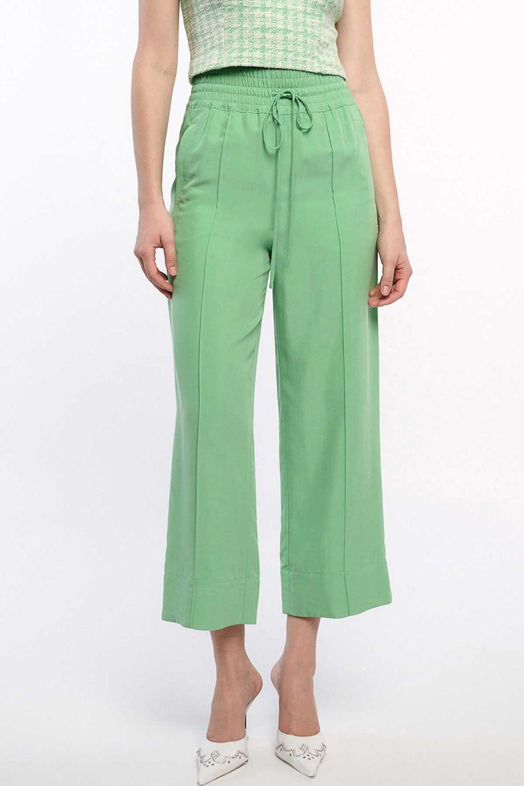 Apple Green High Waisted Pintuck Pull Over Pants