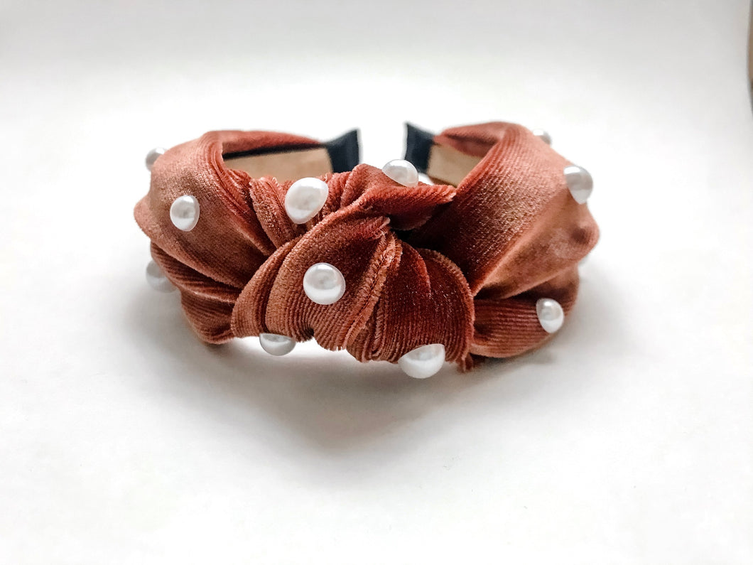 Rust Velvet Pearl Knotted Headband