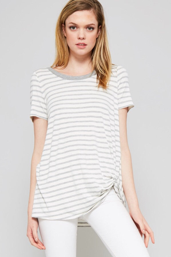 Grey Stripe Knit Knotted Tee