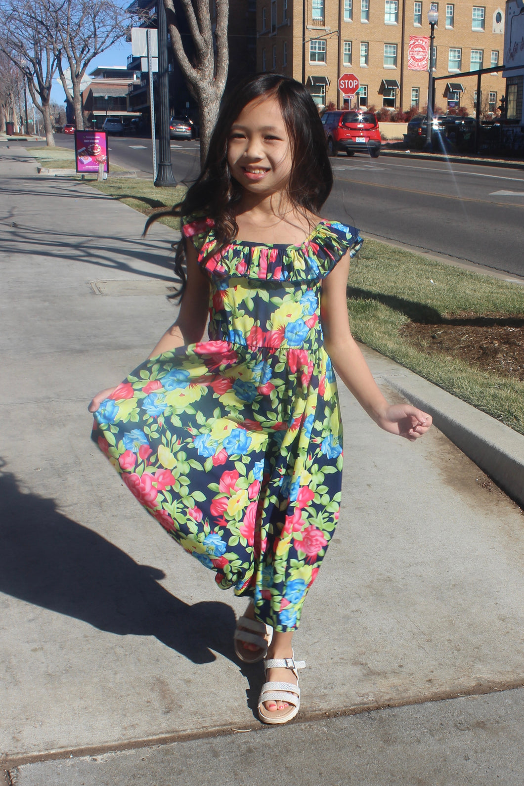 Little Girls Floral Print Ruffle Sleeve Dress