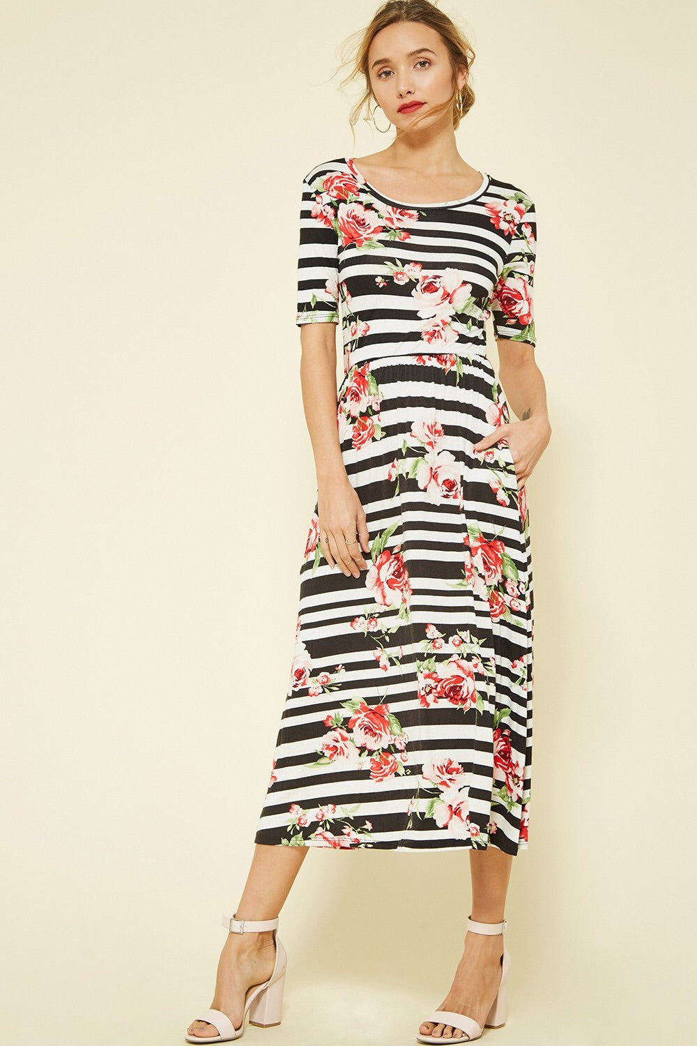 Floral Print Midi Dress with Pockets