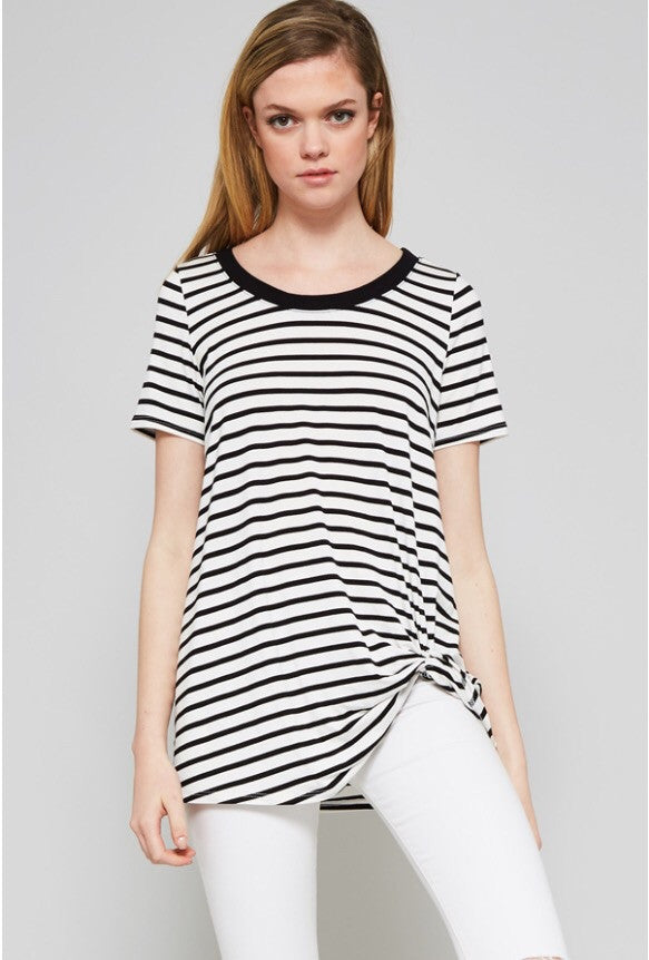 Black Stripe Knit Knotted Tee