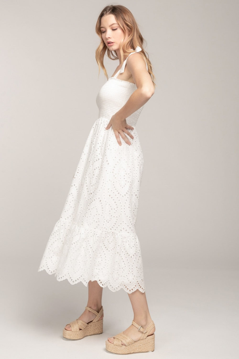 Smocked Eyelet Midi Dress