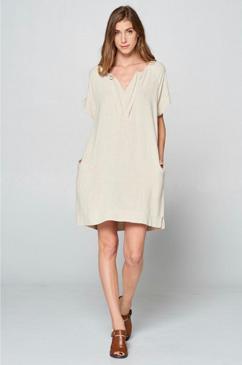 Oatmeal Pleated Neck Tunic Dress
