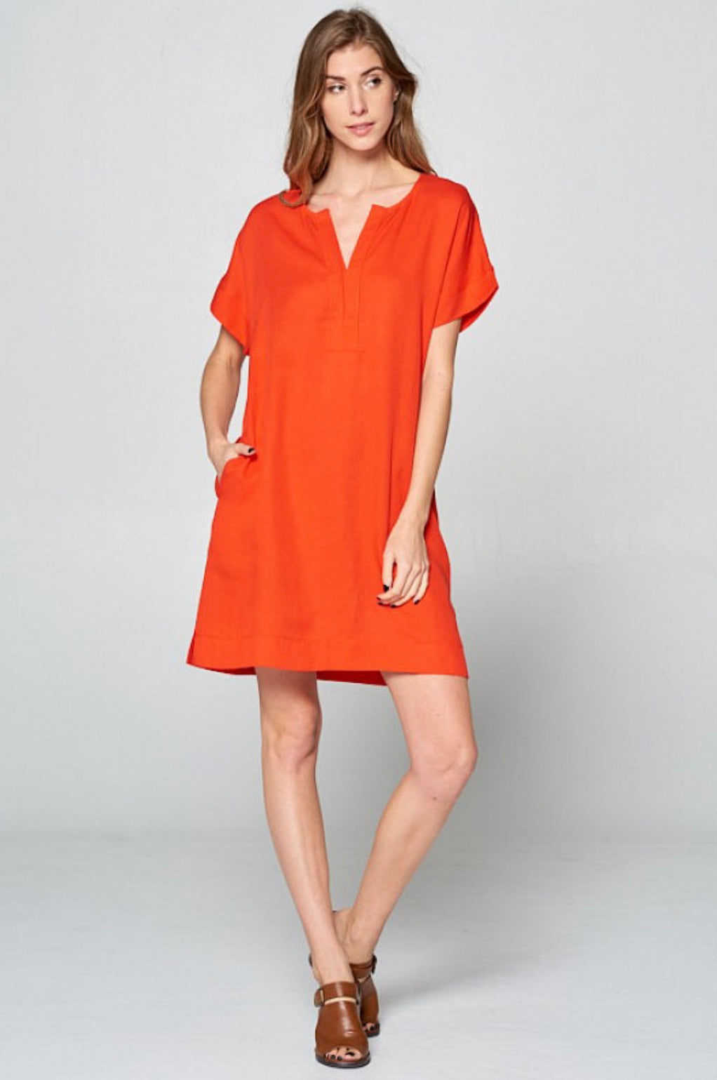 Red Pleated Neck Tunic Dress